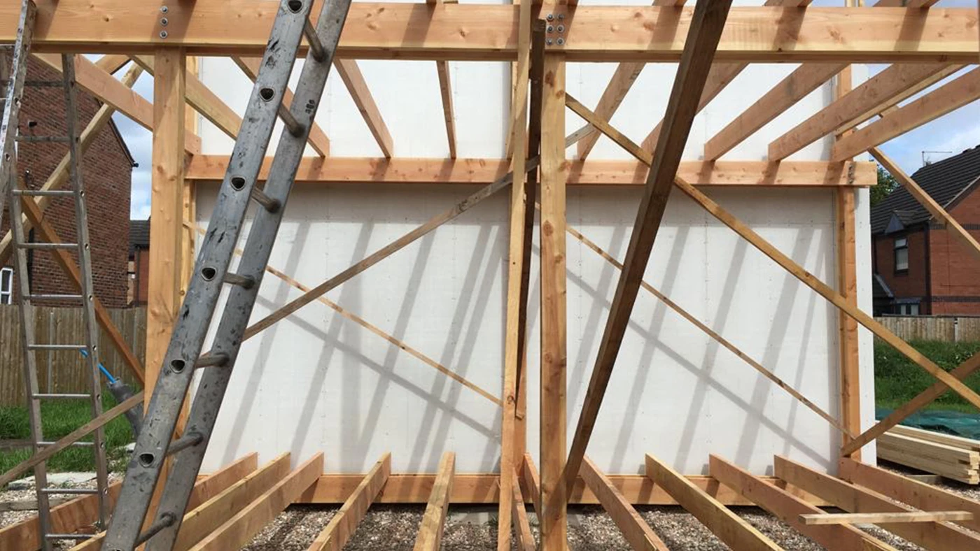 Wooden frame of Giroscope new build house