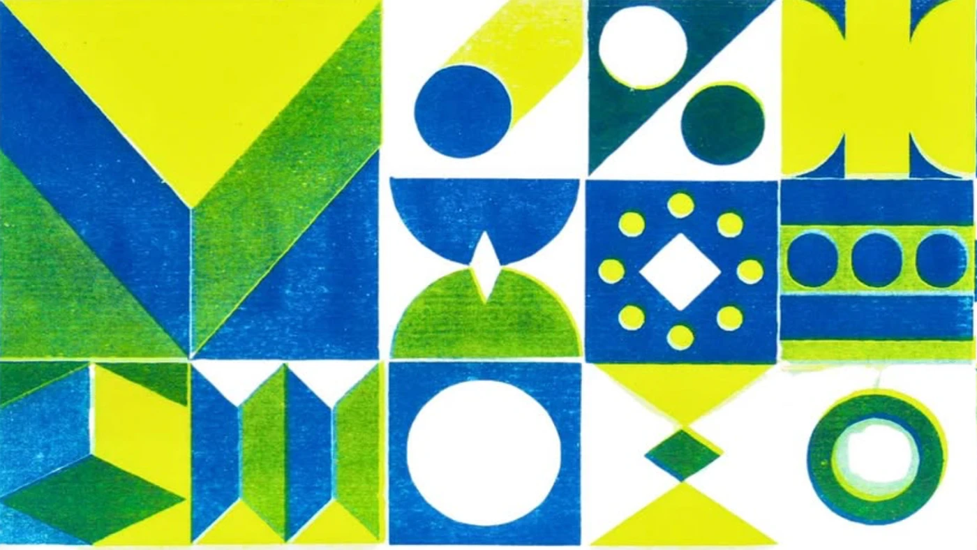 Geometric abstract design with blue, green, and yellow shapes, circles, and triangles in a rhythmic pattern